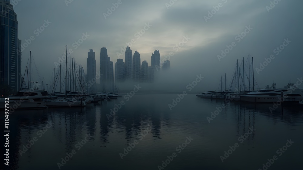 Naklejka premium Foggy Cityscape Marina Morning Skyscrapers And Yachts