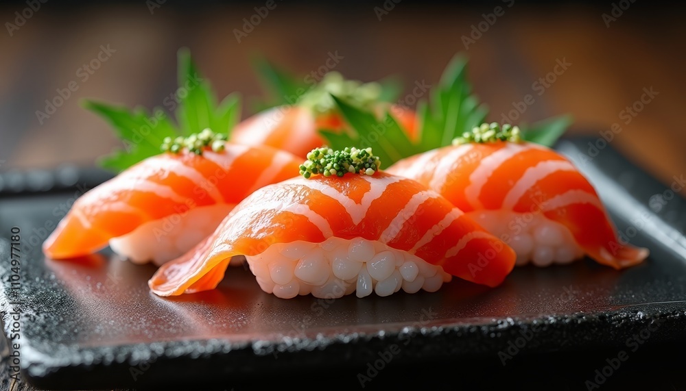4 sushi rolls with green garnish on black tray 4 sushi rolls with green garnish on black tray