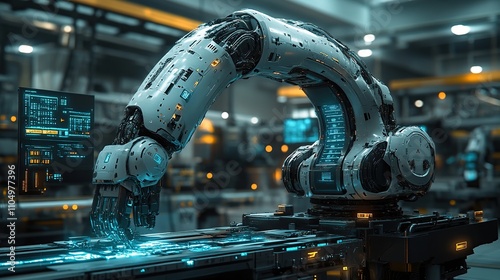 A futuristic robotic arm in an industrial setting, designed for precision tasks.