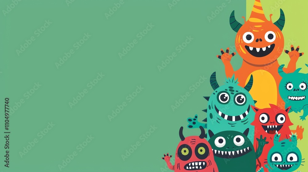Fototapeta premium A group of colorful cartoon monsters on a green and yellow background.