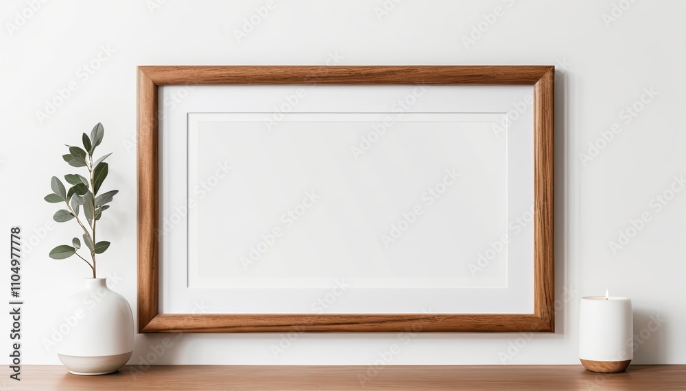 Empty wooden picture frame hanging on a white wall with minimalist decor.
Empty wooden picture frame hanging on a white wall with minimalist decor.