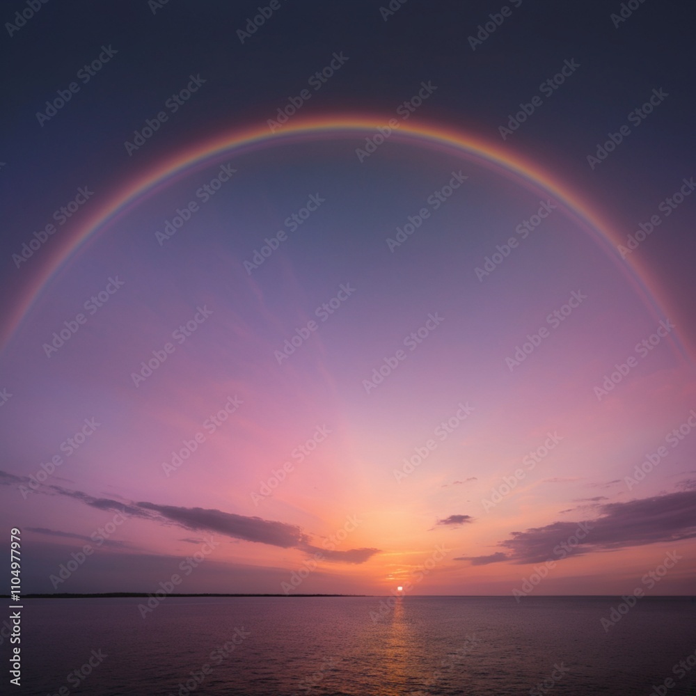 Rainbow Over the Ocean with Sunset and Waves Rainbow Over the Ocean with Sunset and Waves