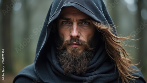 A man clad in a dark hooded cloak gazes intensely from within a forest. His long hair and beard cascade around him as the evening light filters through the trees