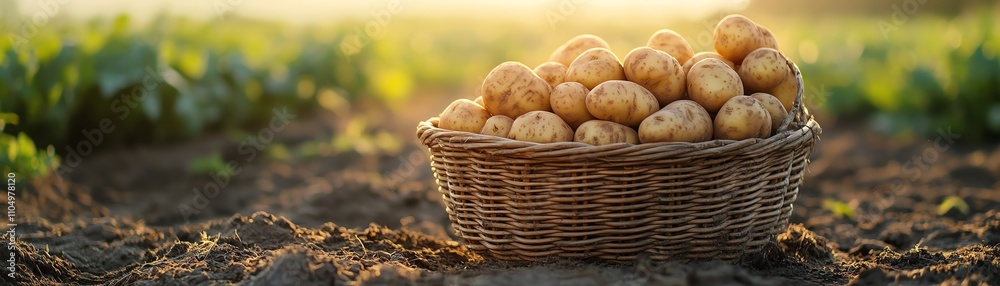 A rustic basket of potatoes sitting on the ground, sunlight highlighting the fresh produce, with potato fields behind it A rustic basket of potatoes sitting on the ground, sunlight highlighting the fresh produce, with potato fields behind it