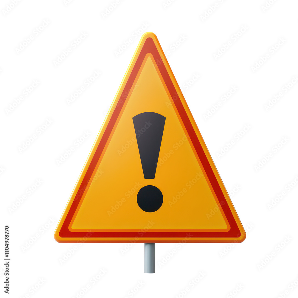 Warning sign with an exclamation mark in a bright yellow triangle positioned on a transparent background, 3d warning sign with an exclamation mark isolated on transparent background