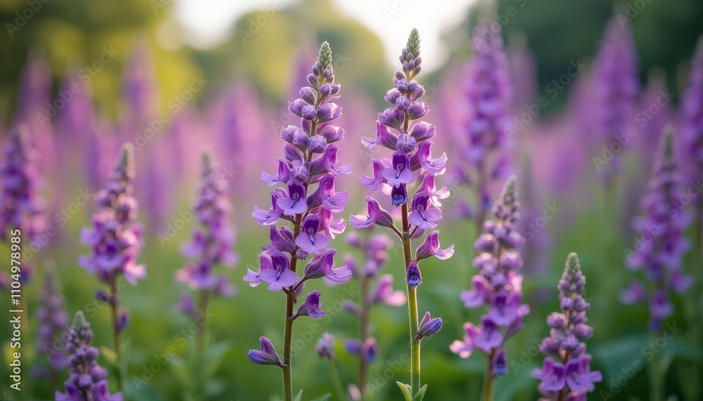 Obraz premium Field of purple flowers with sunlight