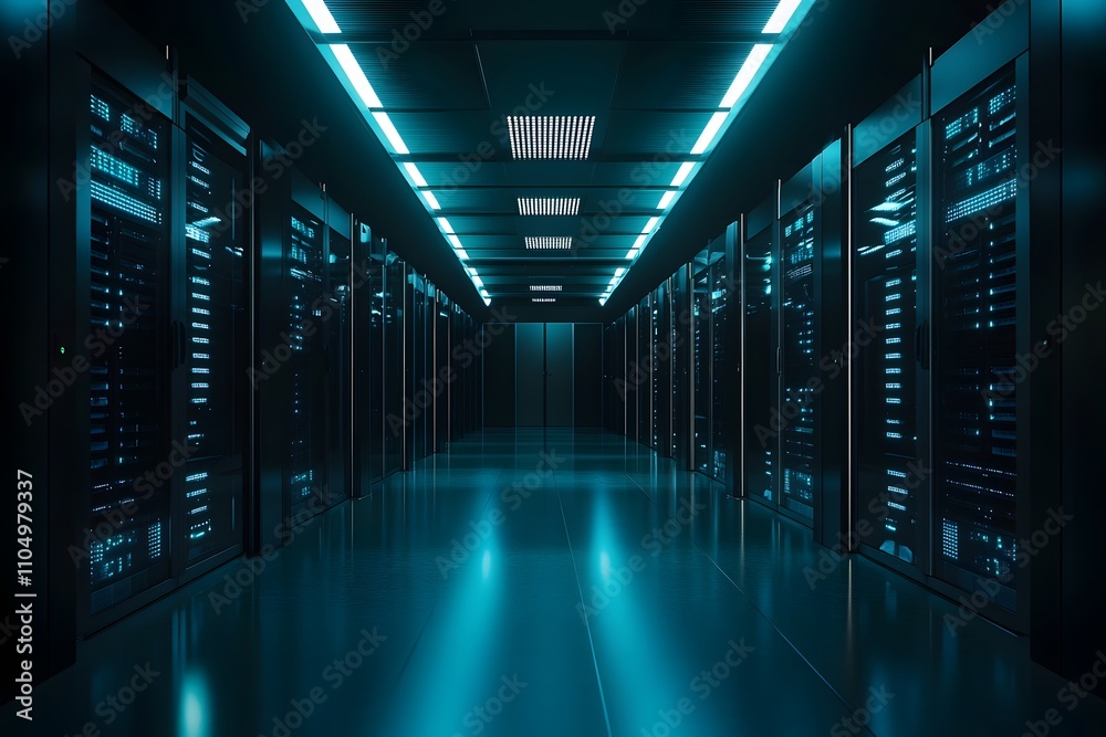 A wide view of an empty server room with rows and columns filled with high-tech computer equipment, illuminated by soft blue lights A wide view of an empty server room with rows and columns filled with high-tech computer equipment, illuminated by soft blue lights
