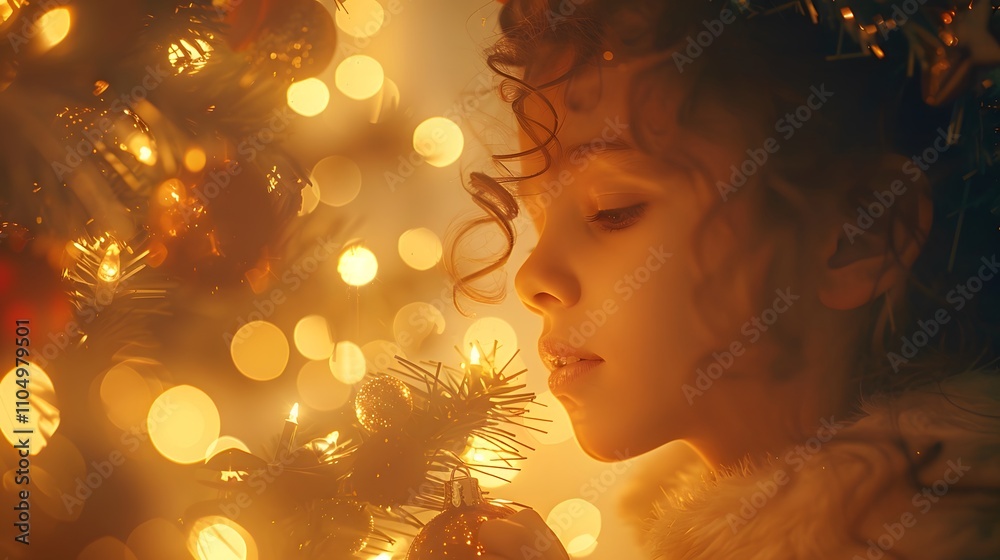 Fototapeta premium A girl looks at Christmas lights on a tree.