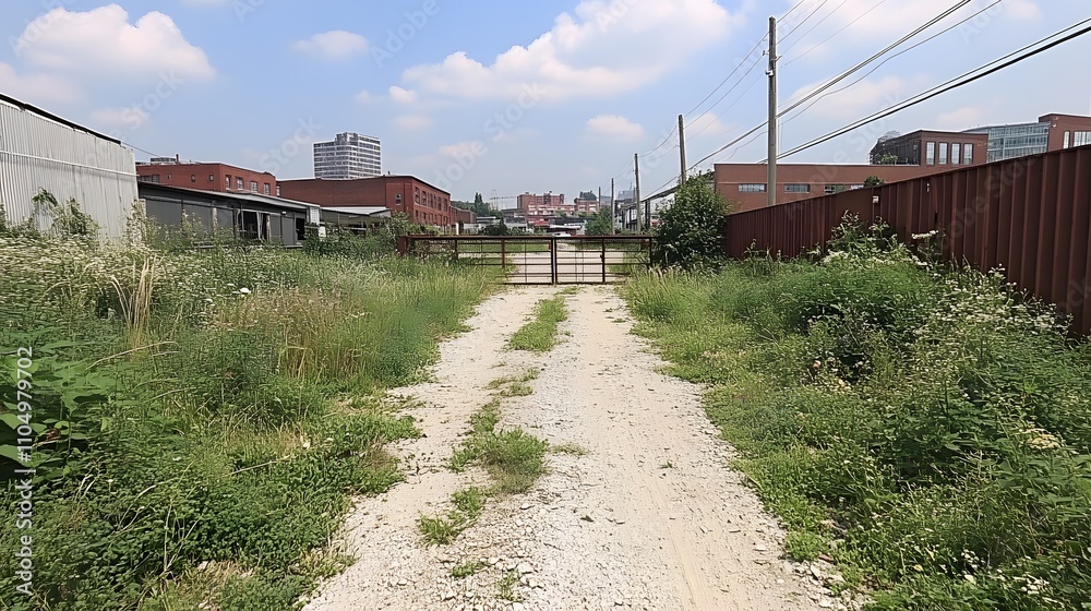 A gravel path winds through overgrown vegetation, leading to a fenced-in industrial area with brick buildings. A gravel path winds through overgrown vegetation, leading to a fenced-in industrial area with brick buildings.