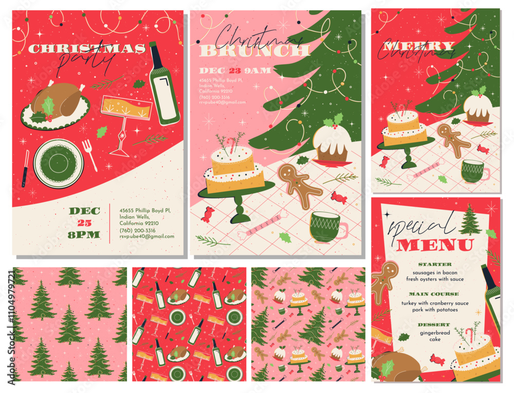 Φωτογραφία a set of invitations to a retro Christmas party and brunch in green, red and pink colors