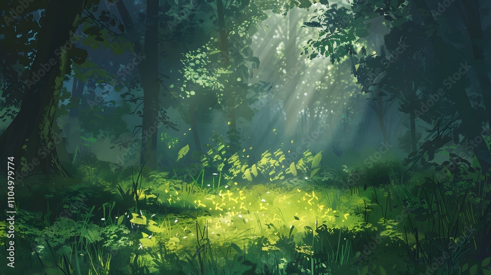 Sunlit Forest Clearing Green Canopy Sunlight Beams Sunlit Forest Clearing Green Canopy Sunlight Beams