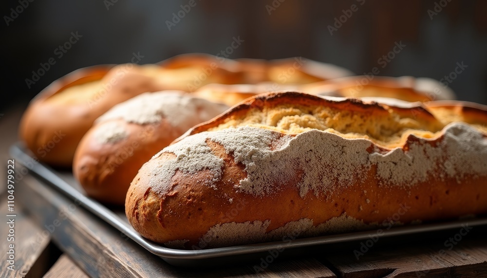 Freshly baked bread on tray or Bread with crusty exterior Freshly baked bread on tray or Bread with crusty exterior