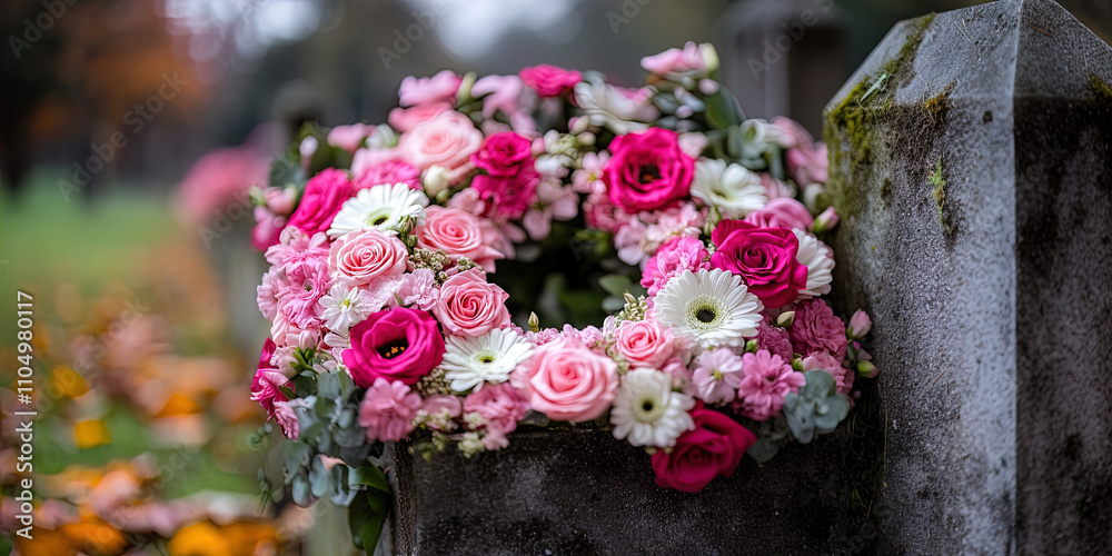A beautiful floral wreath made primarily of pink and white roses, daisies, and other delicate flowers, gracefully adorns a weathered gray tombstone. The arrangement suggests a tribute or memorial, wit A beautiful floral wreath made primarily of pink and white roses, daisies, and other delicate flowers, gracefully adorns a weathered gray tombstone. The arrangement suggests a tribute or memorial, wit