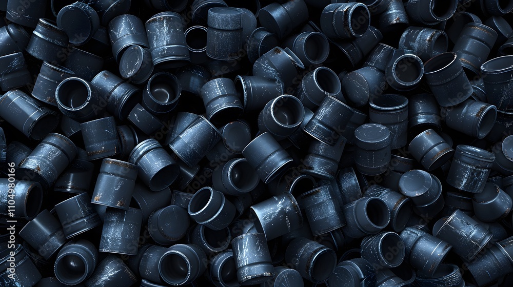 A large pile of dark blue, metallic barrels. A large pile of dark blue, metallic barrels.