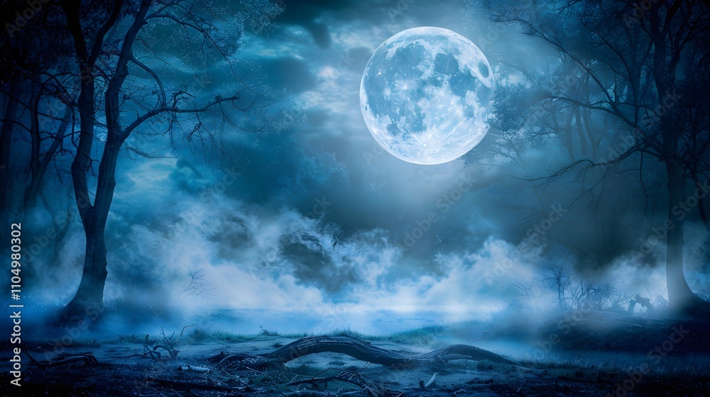 Fototapeta premium Mystical Night Scene In A Foggy Forest With A Full Moon