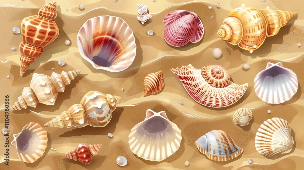 A collection of various seashells on a sandy beach. A collection of various seashells on a sandy beach.