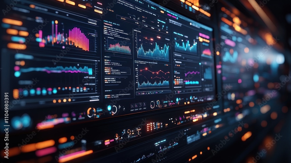 A close-up shot of a computer screen displaying various charts, graphs, and data visualizations, with glowing orange and blue elements.
