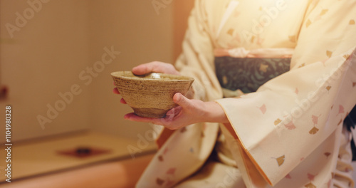 Photography Hands, hostess and woman with bowl, chawan and traditional kimono for tea ceremony