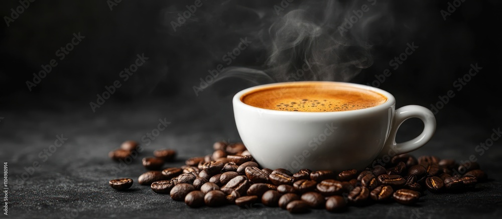 A steaming cup of coffee with coffee beans on a dark background. A steaming cup of coffee with coffee beans on a dark background.