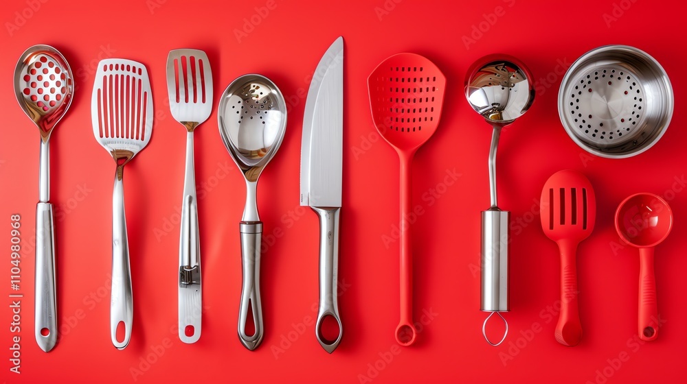 A variety of kitchen utensils in silver and red against a red background. A variety of kitchen utensils in silver and red against a red background.
