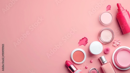 A collection of pink makeup products on a pink background, with space for text.