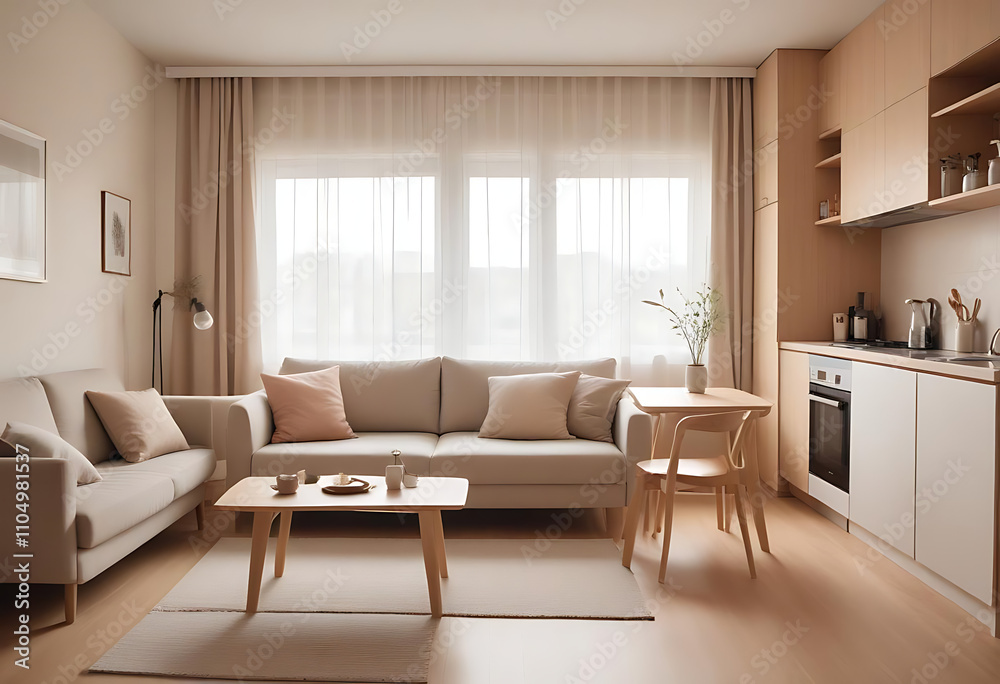 Fototapeta premium Modern Minimalist Living Room and Kitchen Design