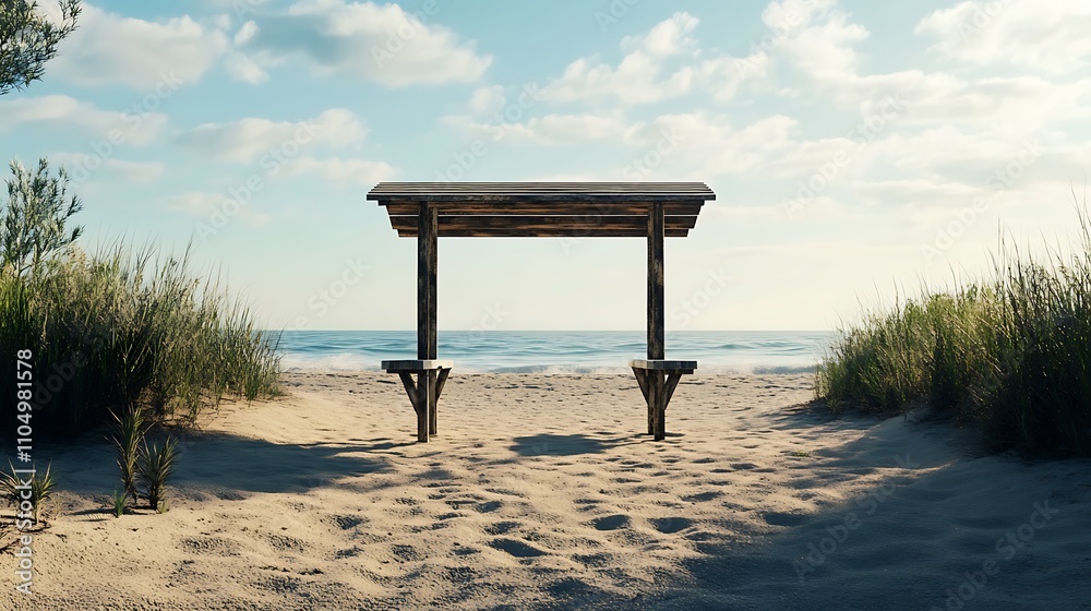 Serene Coastal Scene Featuring Wooden Stand and Peaceful Ocean Atmosphere Photo Serene Coastal Scene Featuring Wooden Stand and Peaceful Ocean Atmosphere Photo
