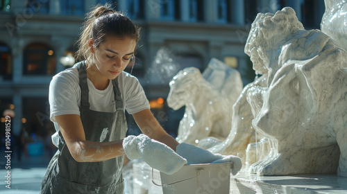 Young woman cleaning outdoor sculptures in a city plaza, using a soft cloth and a bucket of water. She’s dressed in a simple uniform and carefully restores the artwork’s shine. photo