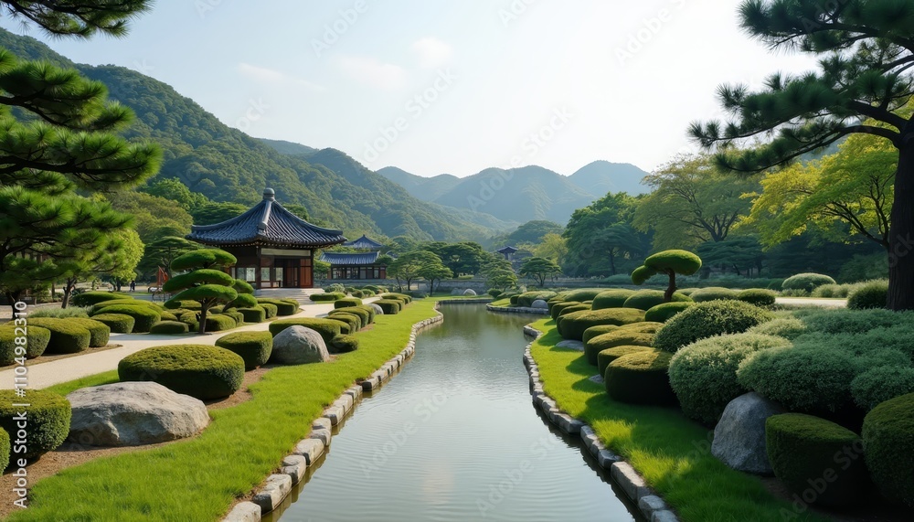 Beautiful Japanese garden with a small pond surrounded by meticulously trimmed bushes and trees, set against the backdrop of lush mountains Beautiful Japanese garden with a small pond surrounded by meticulously trimmed bushes and trees, set against the backdrop of lush mountains