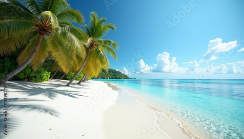 Fototapeta Naklejka Na Ścianę i Meble -  A serene beach scene with palm trees and blue waters