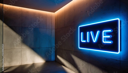 Modern Concrete Room With A Vibrant Blue Neon Live Sign Illuminating The Space Highlighting Sleek Minimalist Design And Atmospheric Lighting