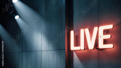 Sleek Modern Wall With Illuminated Red Neon Live Sign And Dramatic Spotlight Effects Creating A Stylish And Moody Cinematic Scene