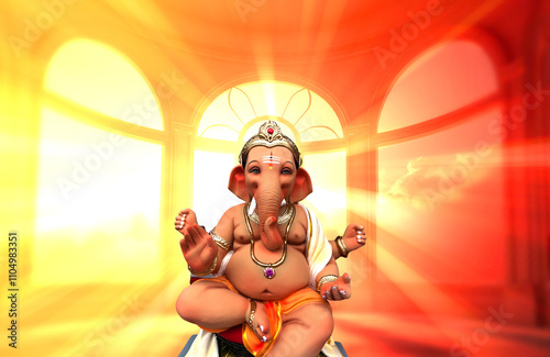 Photography Lord Ganesha with the palace sun rays background, 3D look illustration photo