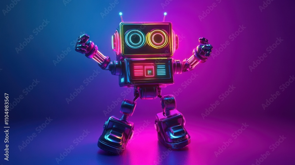 Neon Retro Robot Posing Joyfully In Vivid Light