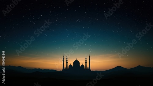Silhouette of a Mosque at Sunset with Starry Sky
