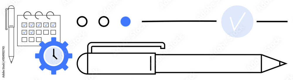 Pen next to calendar, gear with clock, three dots, checkmark on line. Ideal for productivity, organization, scheduling, efficiency time management task tracking workflow optimization. Line Pen next to calendar, gear with clock, three dots, checkmark on line. Ideal for productivity, organization, scheduling, efficiency time management task tracking workflow optimization. Line
