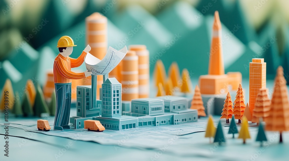 Paper-cut depiction of an engineer with a detailed blueprint, emphasizing infrastructure design and planning with a clean, modern look. Paper-cut depiction of an engineer with a detailed blueprint, emphasizing infrastructure design and planning with a clean, modern look.
