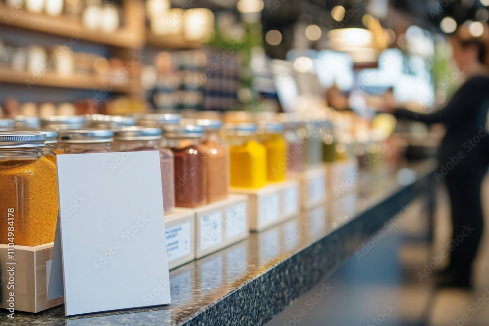 Blank sign mockup template stands in front of jars of spices displayed on market stall Blank sign mockup template stands in front of jars of spices displayed on market stall
