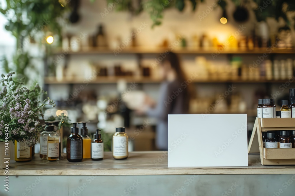 Blank sign mockup template displaying information at a herbalist retail store checkout counter Blank sign mockup template displaying information at a herbalist retail store checkout counter
