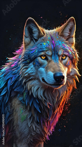 Majestic Wolf Portrait With Vibrant Multicolored Fur Illuminated By Dynamic Lighting Depicting Strength Elegance And Mystical Artistic Beauty
