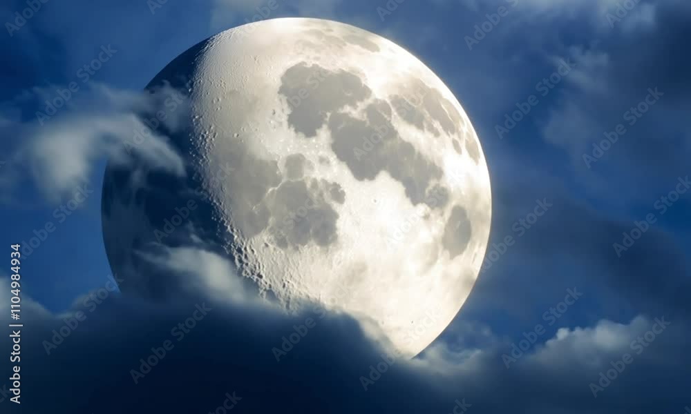 A bright full moon shining through dark clouds in the night sky with stars and ocean below A bright full moon shining through dark clouds in the night sky with stars and ocean below