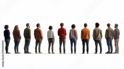 Group of people standing in a line with half facing forward and half facing sideways isolated on a white background, png