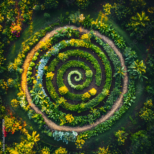 Drone captures a birdseye view of a spiral vegetable garden outdoor landscape aerial photography nature spiral design