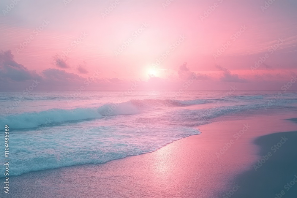 A stunning sunset over a calm ocean with soft pink and blue hues, with the sun partially hidden behind a cloud. The waves gently lap at the sandy shore. A stunning sunset over a calm ocean with soft pink and blue hues, with the sun partially hidden behind a cloud. The waves gently lap at the sandy shore.