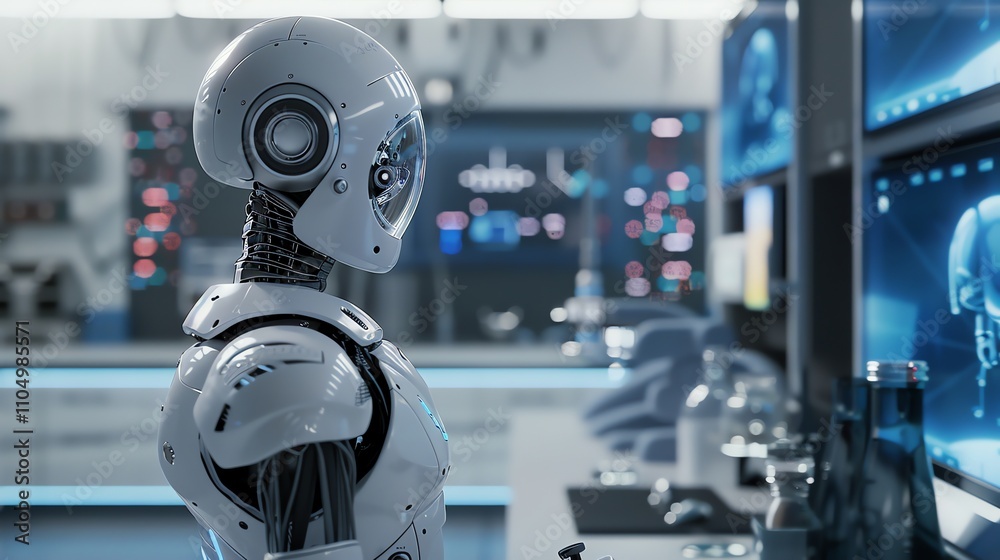 A white robot in a laboratory, interacting with a digital interface. A white robot in a laboratory, interacting with a digital interface.