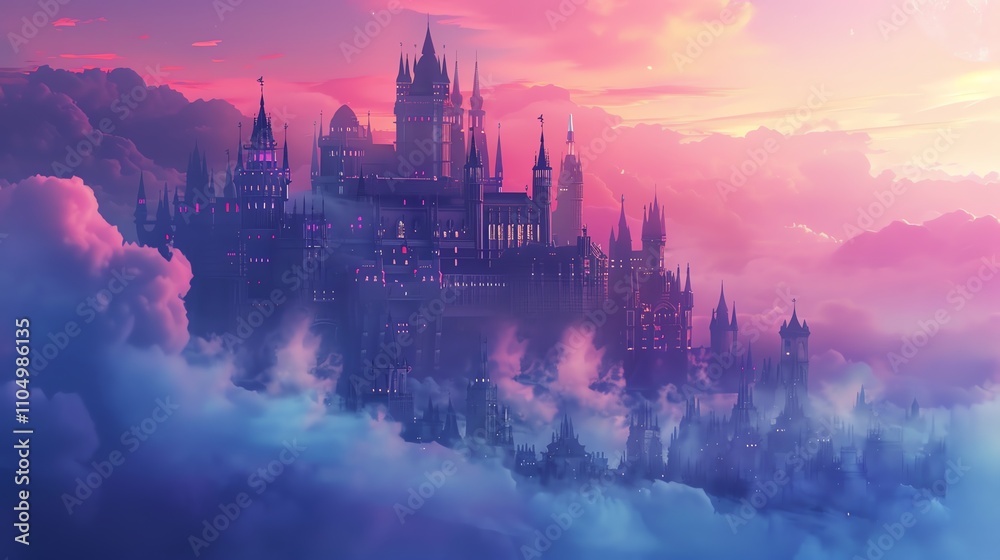 Fototapeta premium A majestic, gothic castle sits upon a cloud-covered mountain peak, bathed in the warm light of a pink sunset.