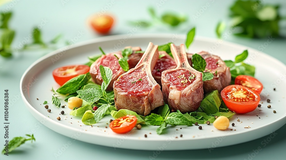 Minimalistic of lamb chops, mint, and a summer salad, capturing the essence of a keto-friendly, low-carb meal.