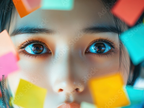 Closeup on an Asian woman s intense eyes, brainstorming amidst colorful sticky notes and abstract wall art photo