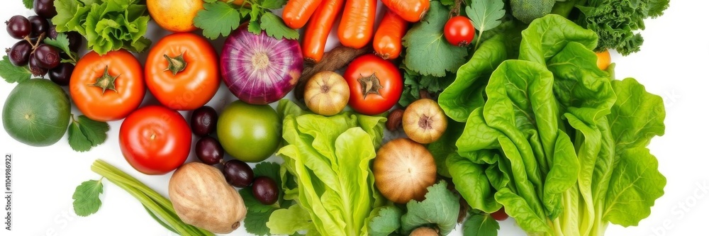 Fresh green lettuce leaves isolated on a white background, surrounded by various organic fruits and vegetables, flat lay, vegetables Fresh green lettuce leaves isolated on a white background, surrounded by various organic fruits and vegetables, flat lay, vegetables