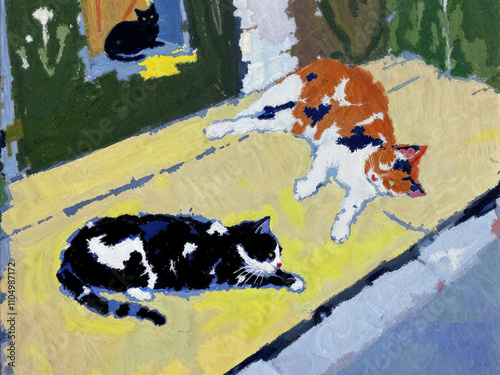 A beautiful cat in a modern style. The painting is made in oil on canvas with elements of acrylic painting. There are age-related cracks and texture on the coating.